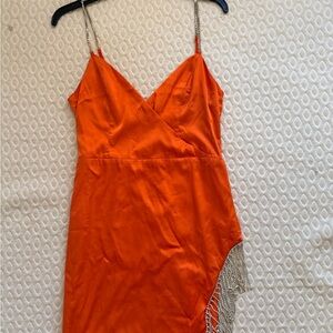 Orange Satin Dress with Fringe Detail